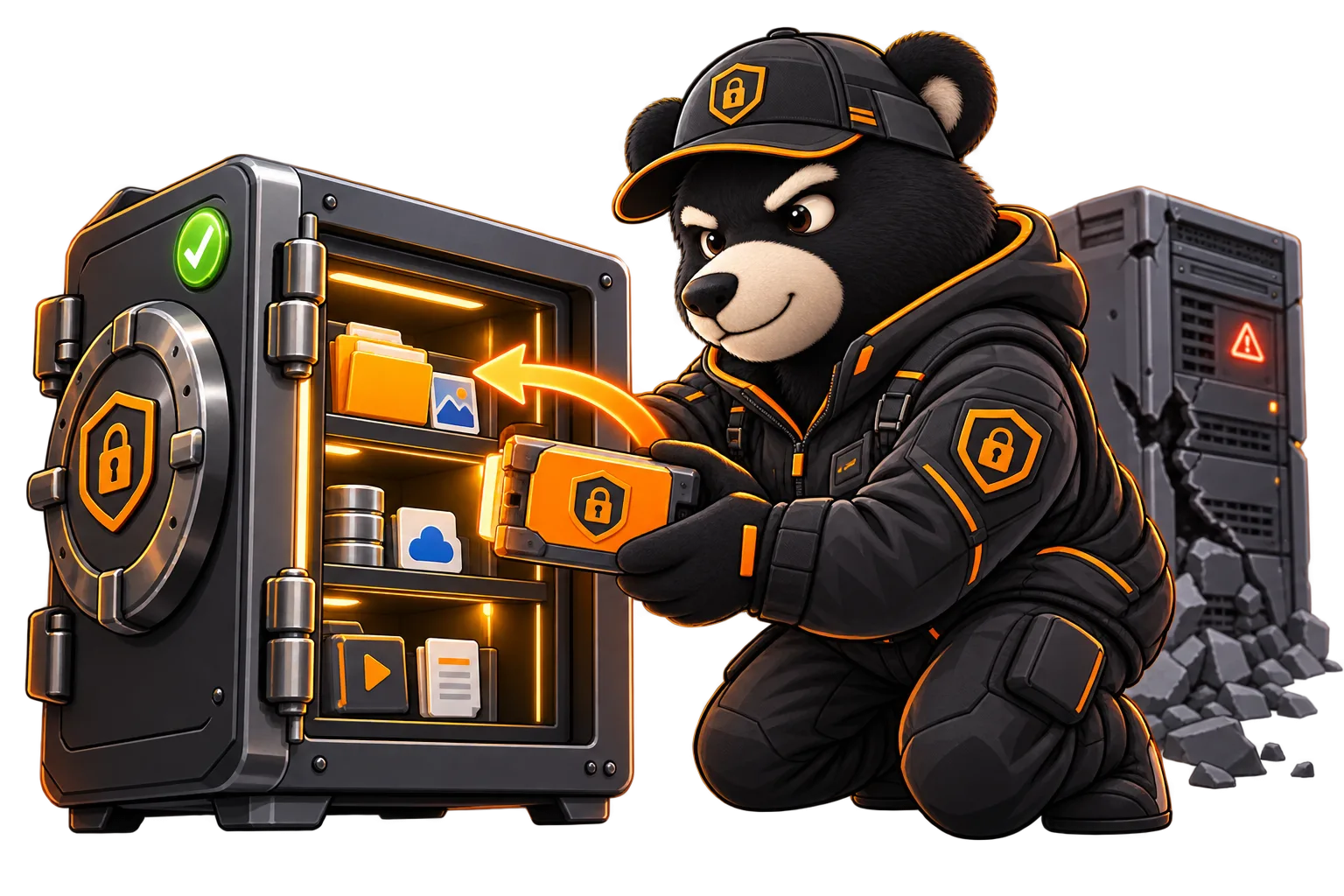 Маскот BearPass проверяет резервную копию у открытого сейфа; иллюстрация восстановления данных.