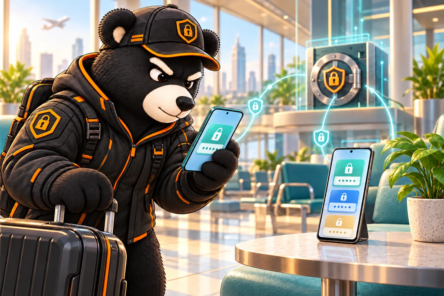 Маскот BearPass использует смартфон для доступа к корпоративному хранилищу в поездке.