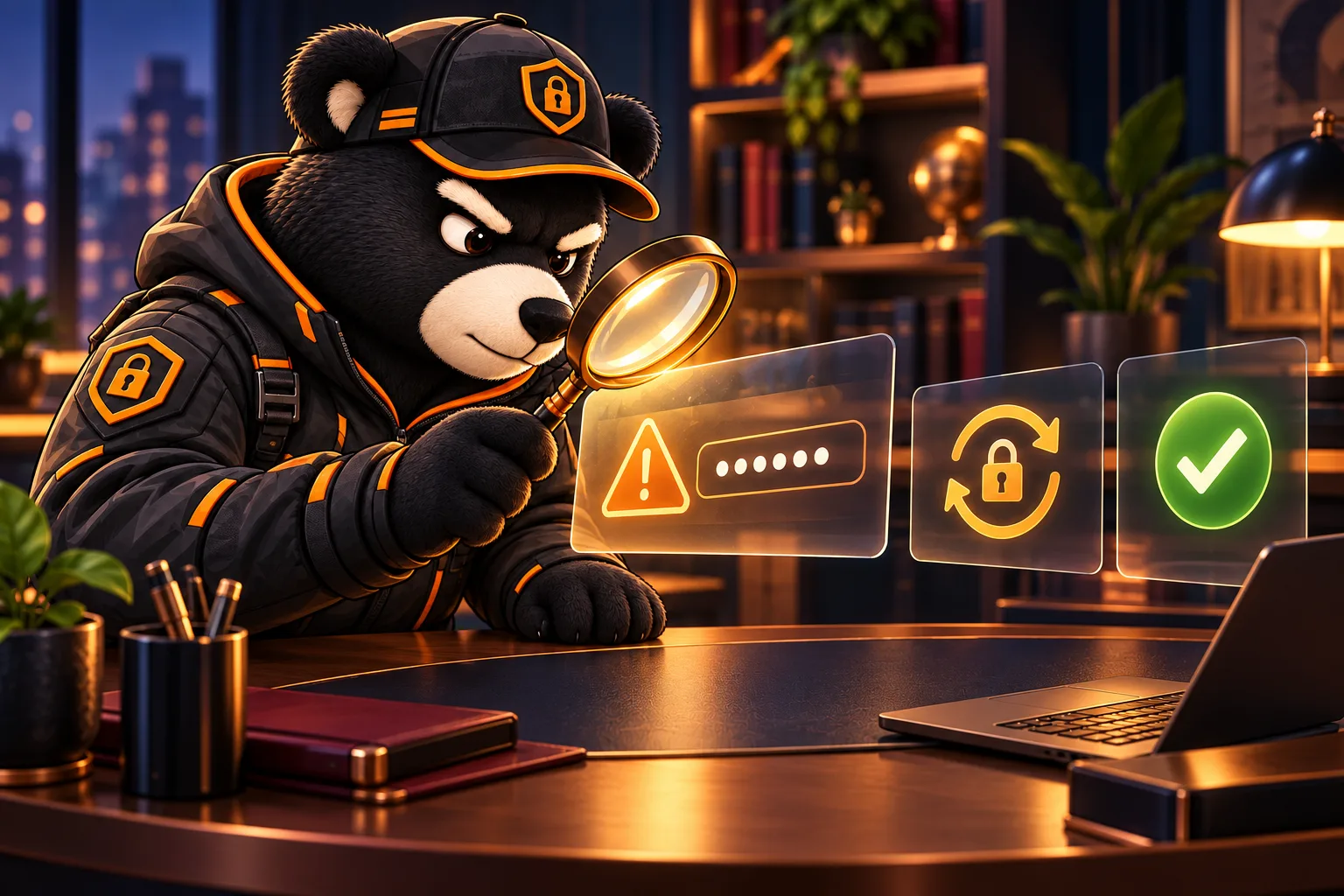 Маскот BearPass проверяет событие безопасности и контролирует смену пароля до устранения риска.